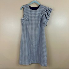 Banana Republic Blue Tan Checkered Plaid One Shoulder Ruffle Dress 6P Preppy
