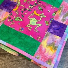 Handmade Frog Garden Patchwork Quilt Baby Blanket Pink Green Tie-Dye 36x48