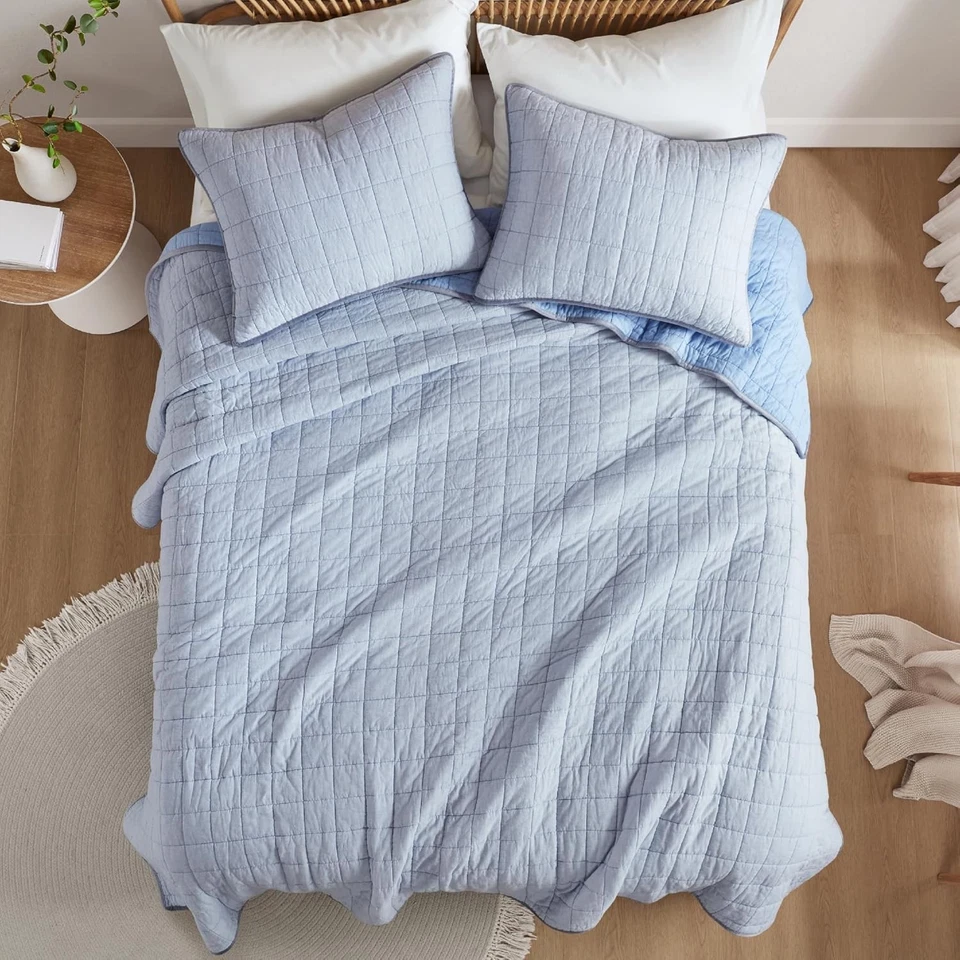 Juego de edredón de lino de lujo Hyde Lane tamaño king con 2 fundas de almohada, 106"x96", azul Foto 2 de 4