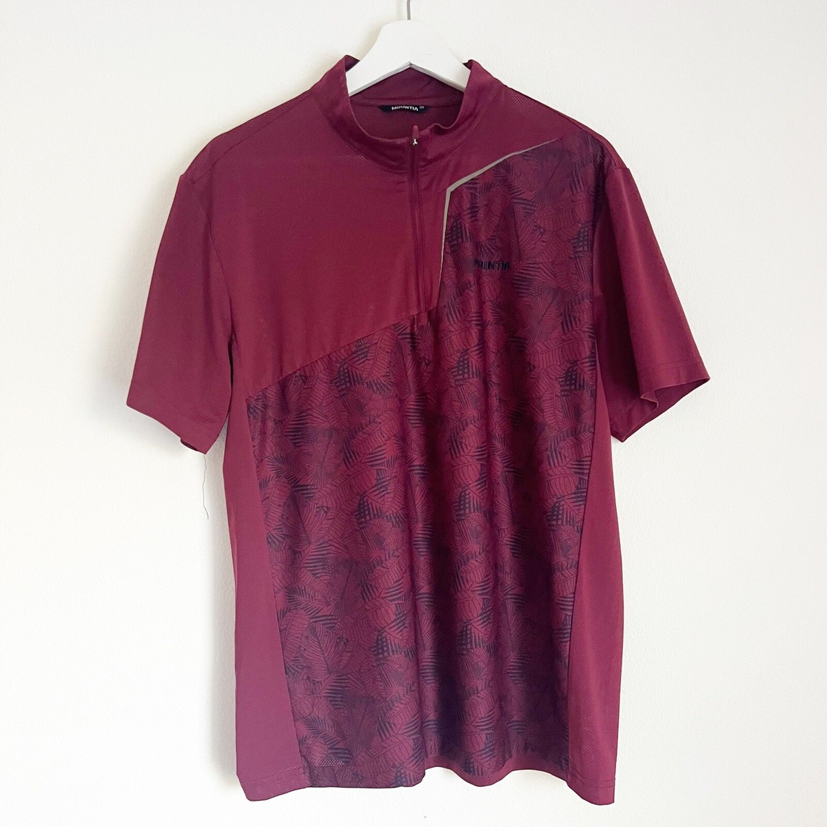 Mountia 1/4 zip Pullover Top Shirt Burgundy Blue Palm Leaves