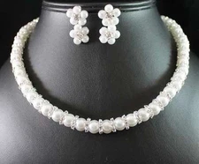 PEARL CLEAR AUSTRIAN RHINESTONE CRYSTAL NECKLACE EARRINGS SET WED BRIDAL N1771SE