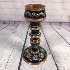 Vintage Copper Candlestick Painted Enamel 90s Floral Decor Etched - 7.5" Tall