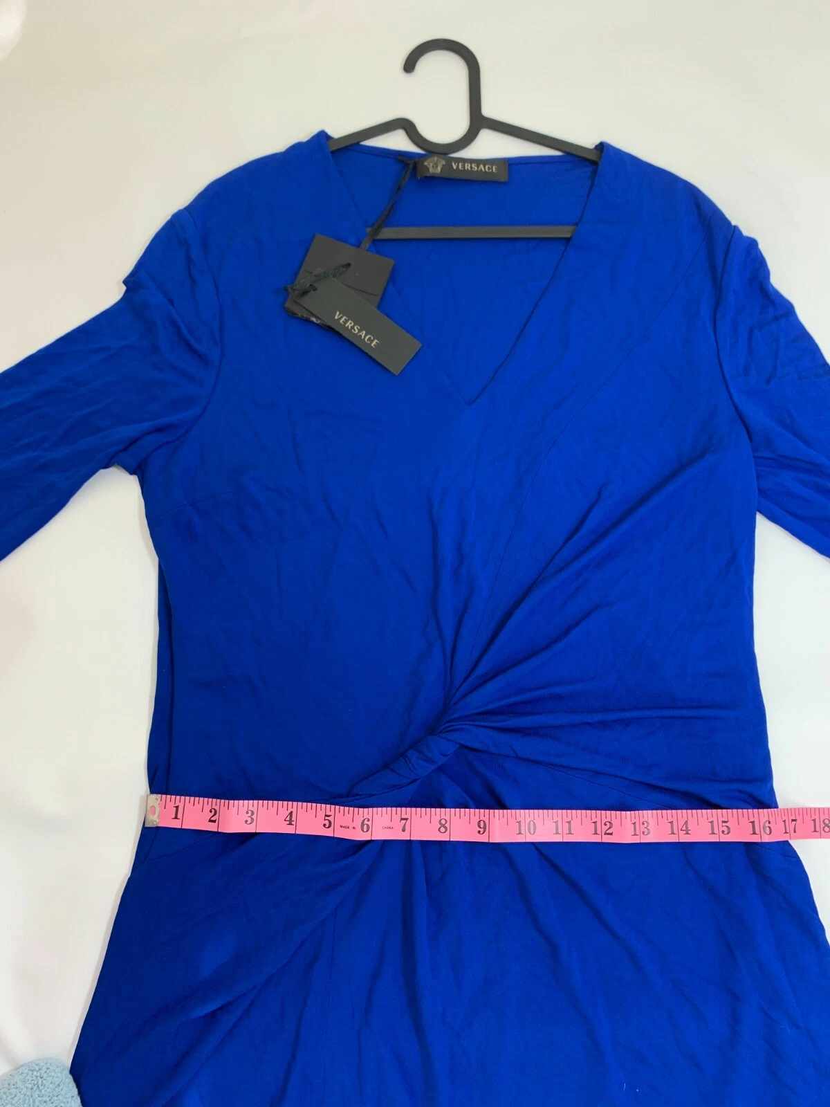 Abito VERSACE Prima Linea Blu Twist Drappeggiato LOGO BOTTONE Manica 3 4 Elasticizzato Taglia52