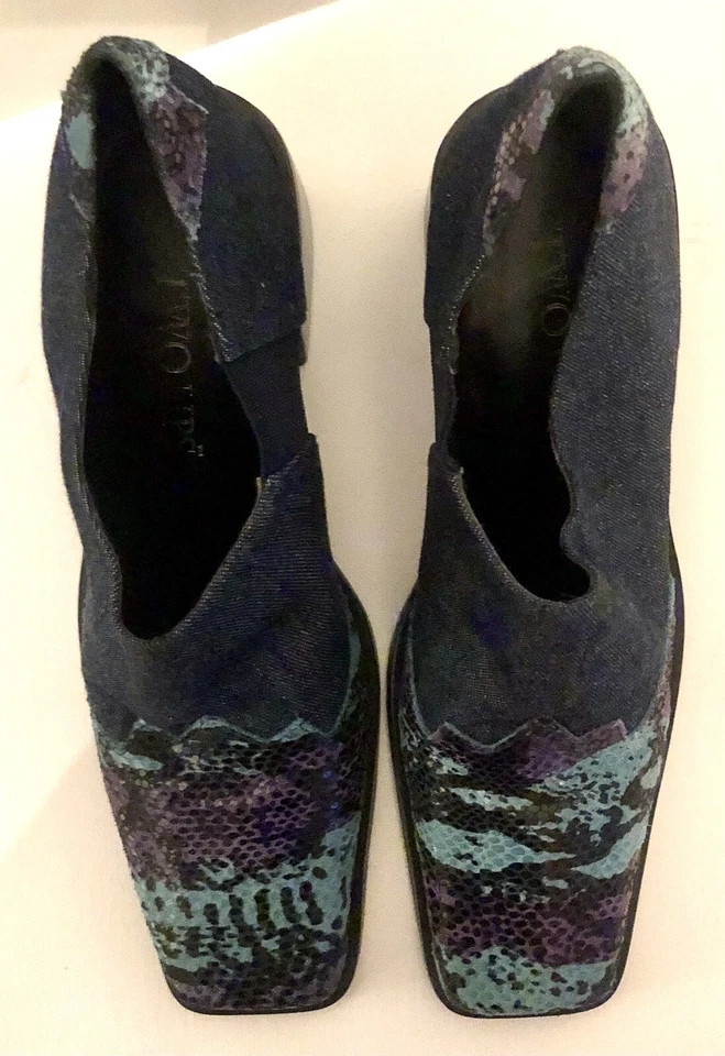 Zapatos Dos Labios 7.5M Lavanda Azul Lagarto Cuero Tela Tacones Gruesos Y2K Sin Cordones Foto 3 de 4