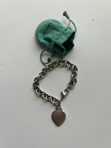 Vintage Tiffany Rolo Link Herz Charm Armband 7 Zoll graviert mit Beutel authentisch