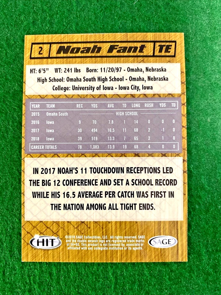 2019 Sage #2 RC Noah Fant Seattle Seahawks Steelers - Image 2 of 2