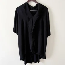 H by Halston Black Drape Front Short Sleeve Top Knit w/ Chiffon V-neck Size 3X