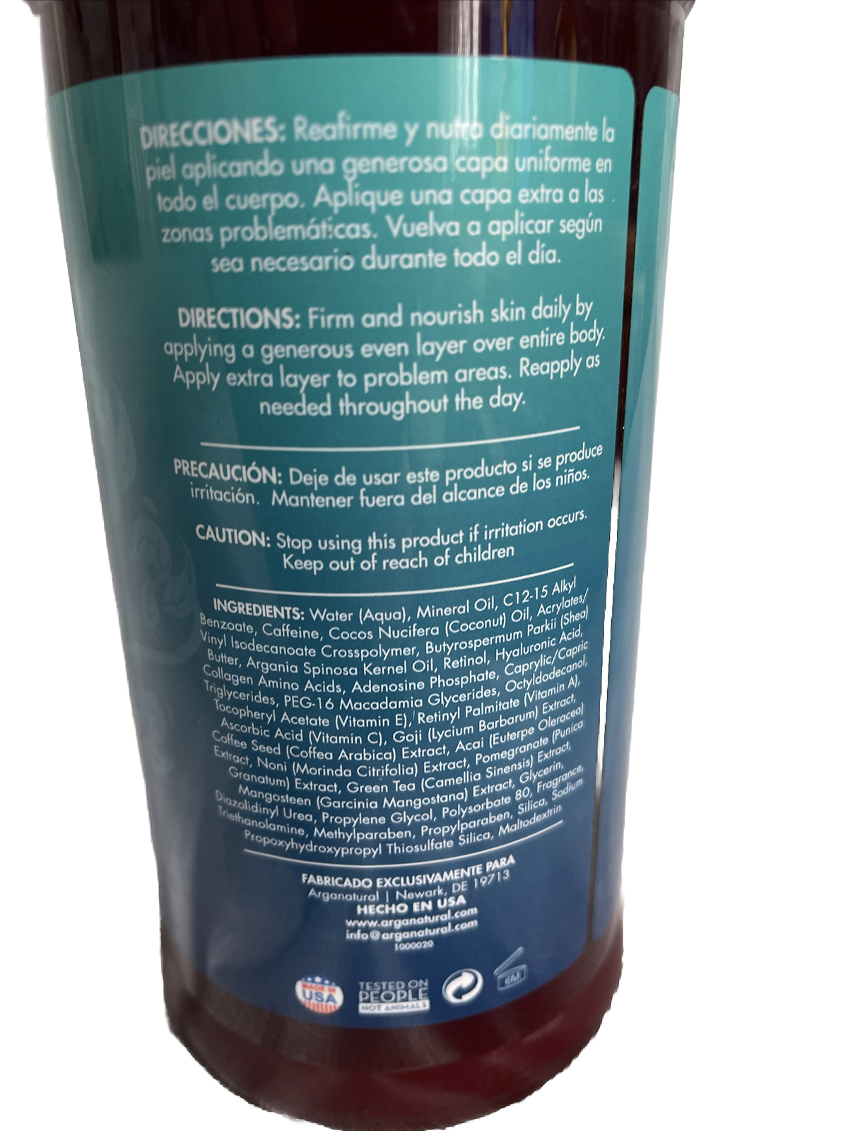 Arganatural Tightening Body Lotion Retinol, Caffeine Green Tea Skin Repair 34 oz
