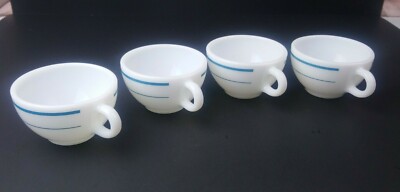 Set of 4 VTG Pyrex Tableware by Corning Tea Cups Coffee Mugs Blue Stripe 701-40