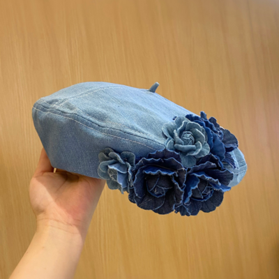 Women French Beanie Hat Beret Cap Artist Flower Casual Denim  display picture 1