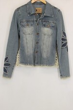 Crest Women's Jeans Jacket Size S? Color Blue Crochet Trim Two Pockets