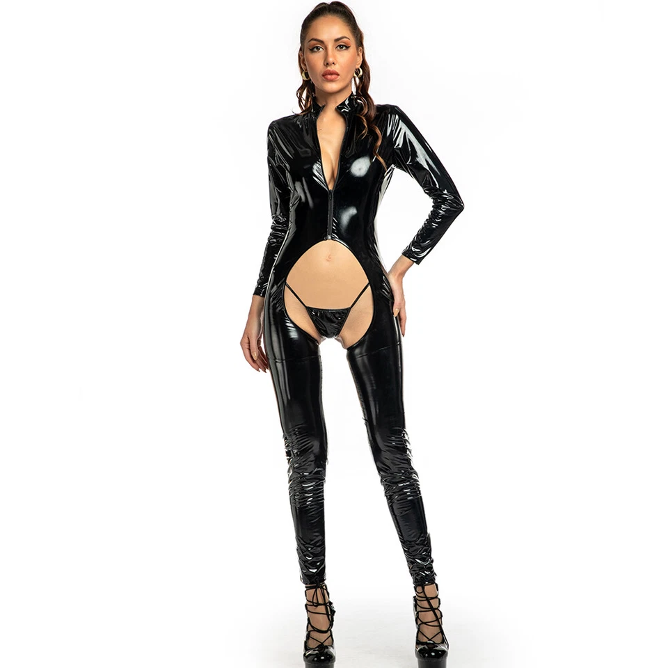 Latex Leather Catsuit Sexy Crotchless Bodysuit Shiny Lingerie Jumpsuit Clubwear - Image 2 of 4