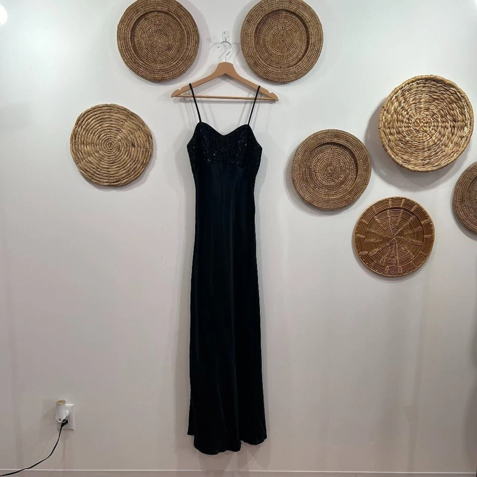 Vintage Y2K 2000s Betsy & Adam Black Minimalist Neutral Satin Maxi Dress 6 - Image 2 of 4