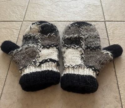 VTG 100% Wool Adult Lined Mittens Thick Handmade Nepal Boho Antique Black Grey 