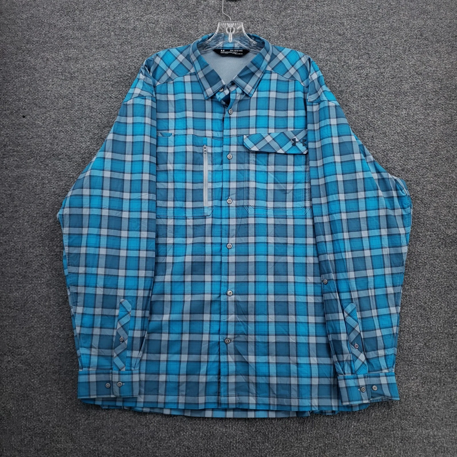 Under Armour Fishing Shirt Mens 2XL Blue Long Sleeve Plaid Heatgear Button Up