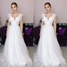 Romantic Wedding Dresses V Neck Lace A Line Beach Sweep Train Bridal Gowns