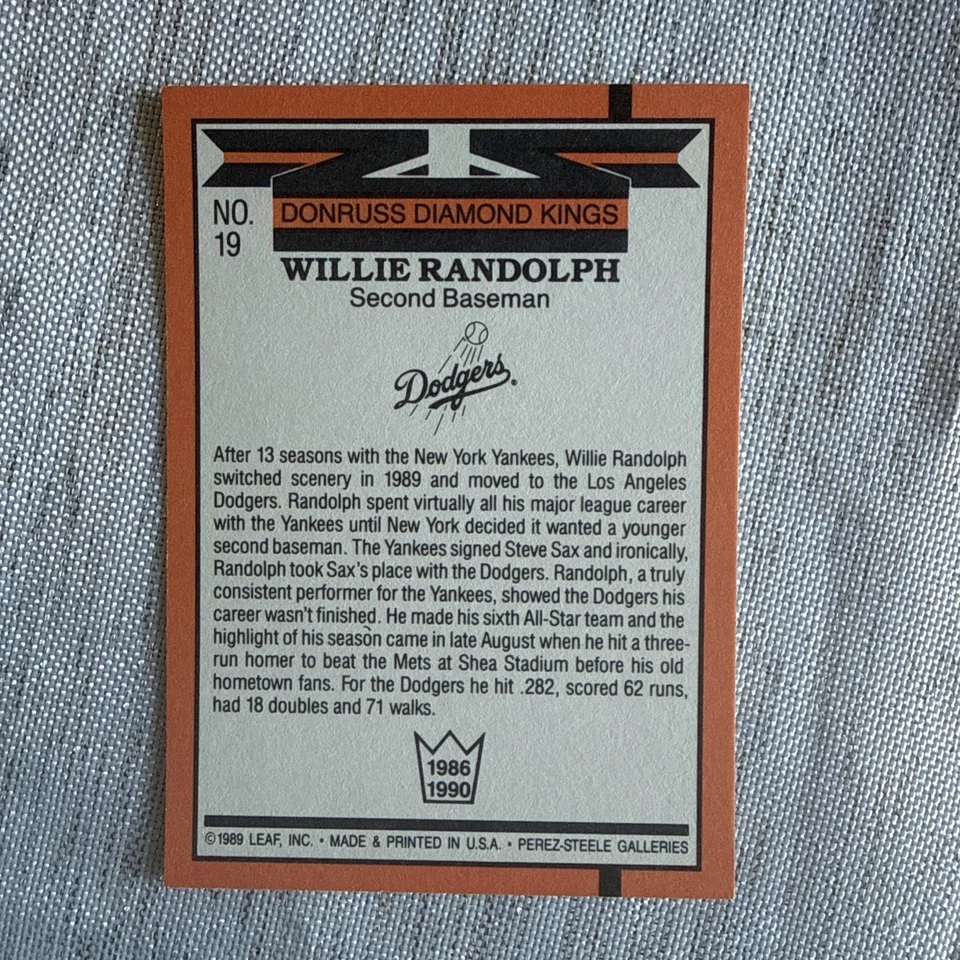 Donruss 1990 - Diamond Kings #19 Willie Randolph (tarjeta de error múltiple) Foto 2 de 4