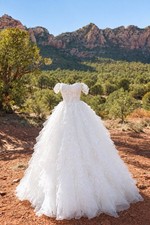 White Off-Shoulder Portrait Neckline Tulle Ball Gown Wedding Dress Lace Beaded