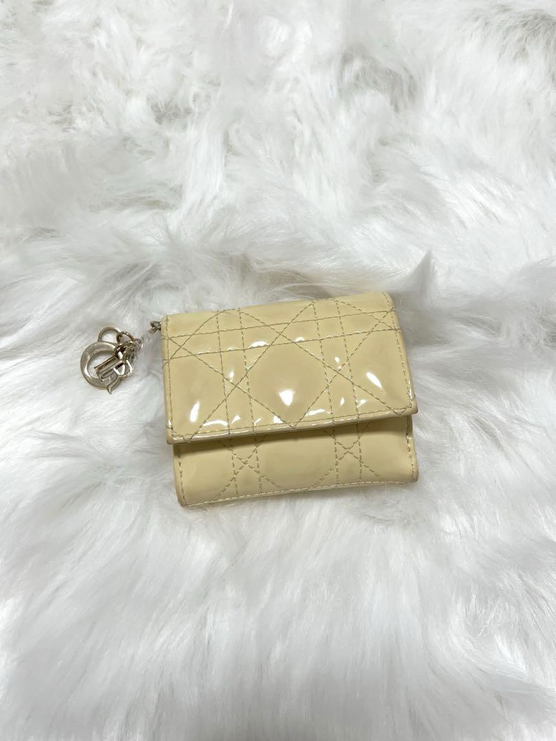 Dior Lady Dior Lotus Yellow Patent Leather Quilted Wallet New