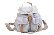 Autentico zaino PRADA vintage nylon pelle coulisse borsa blu chiaro AA418