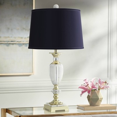 European Style Table Lamp Brass Clear Crystal Navy Blue Drum Shade Living Room