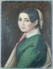 Ancien Tableau "Jeune Fille aux Boucles d'Oreilles" Peinture Huile 1851 Painting