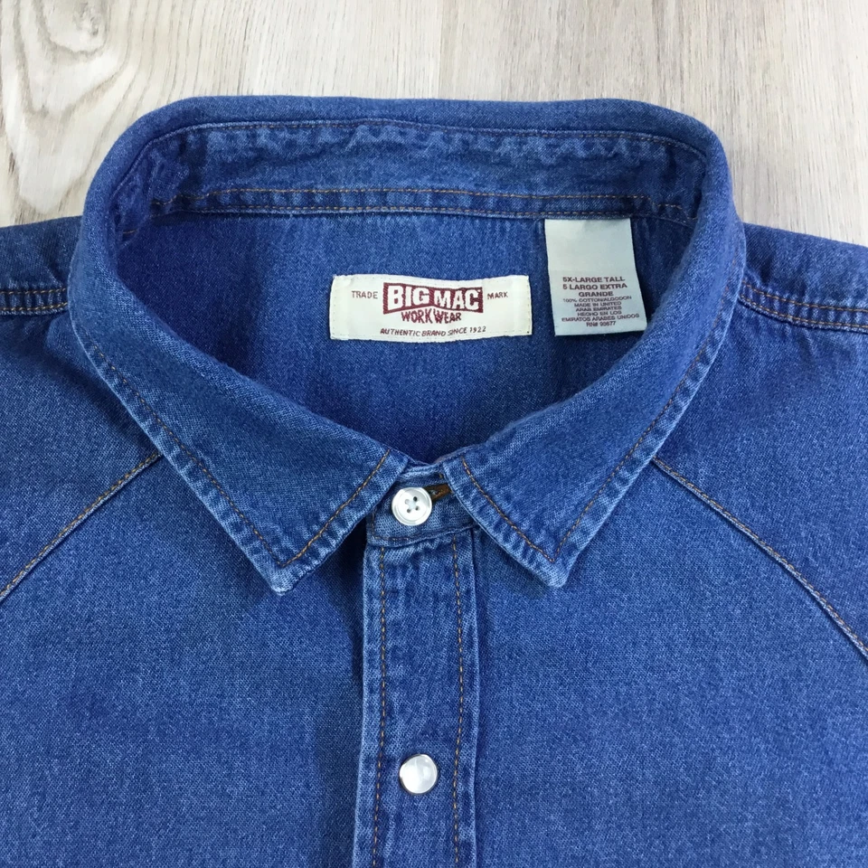 Big Mac Mens Shirt 5XLT Tall Blue Denim Western Pearl Snap Long Sleeve Cowboy - Image 3 of 4