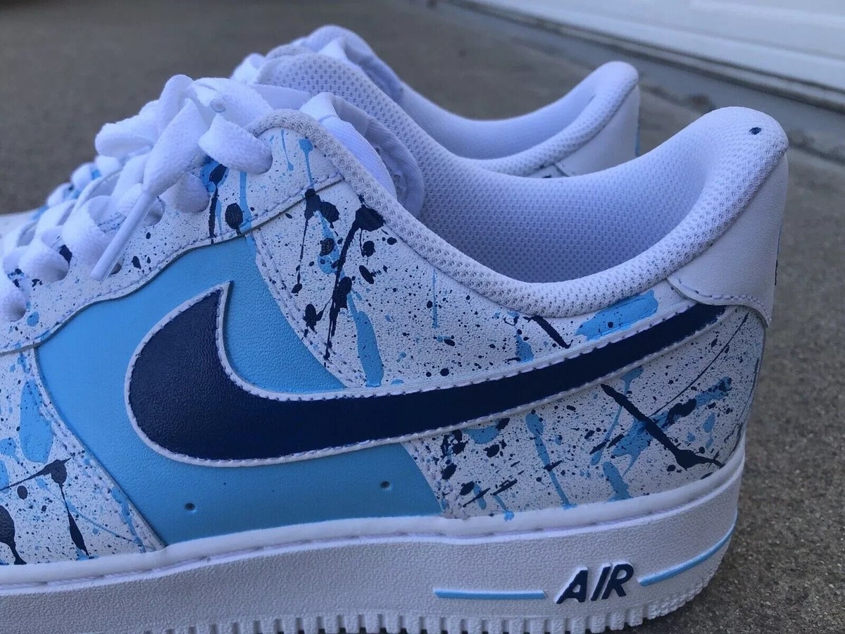 ? Nike Air Force 1 Custom Light & Dark Blue Splatter ? Swoosh White Shoes Mens Nike Air Force 1 Custom White Shoes  main image 3