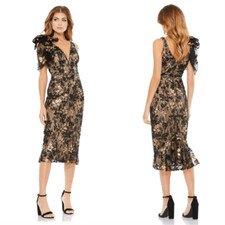 Mac Duggal Floral Embellished V-Neck Midi Dress With Shoulder Bow NEW Size 12