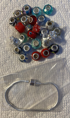 Authentic Murano Glass Beads and Charms, Beads 925 Sterling Silver, w/ Bracelet