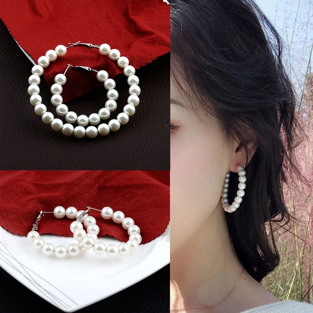 Big Circle Fashion Round Shape Elegant Pearl Hoop Earrings Drop