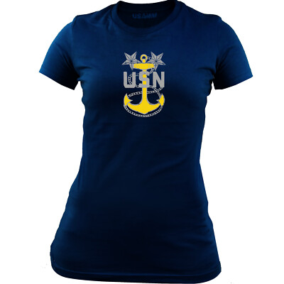 Women's Licensed Distressed Navy E9 Master Chief Petty Officer Rank T-Shirt