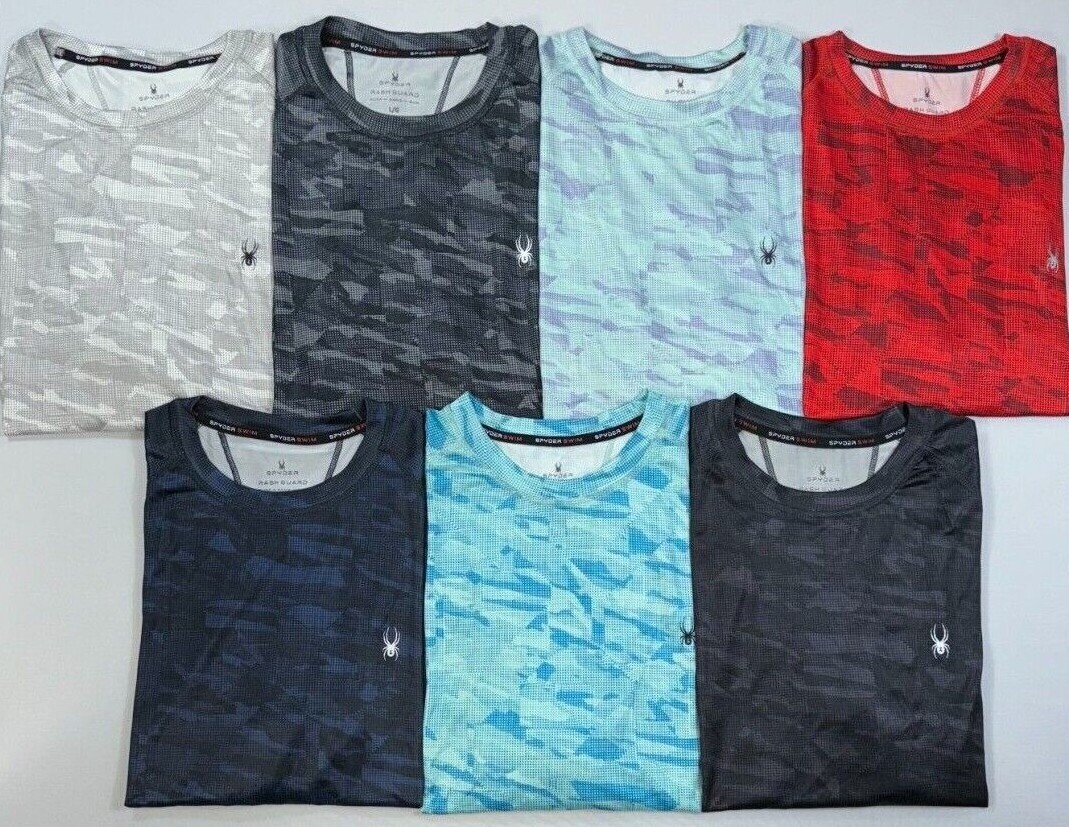 【SPYDER】 Men's Watersports Graphic Short Sleeve Rash Guard Men's Spyder Swim Short Sleeve UPF 30+ Dotted Camo Print