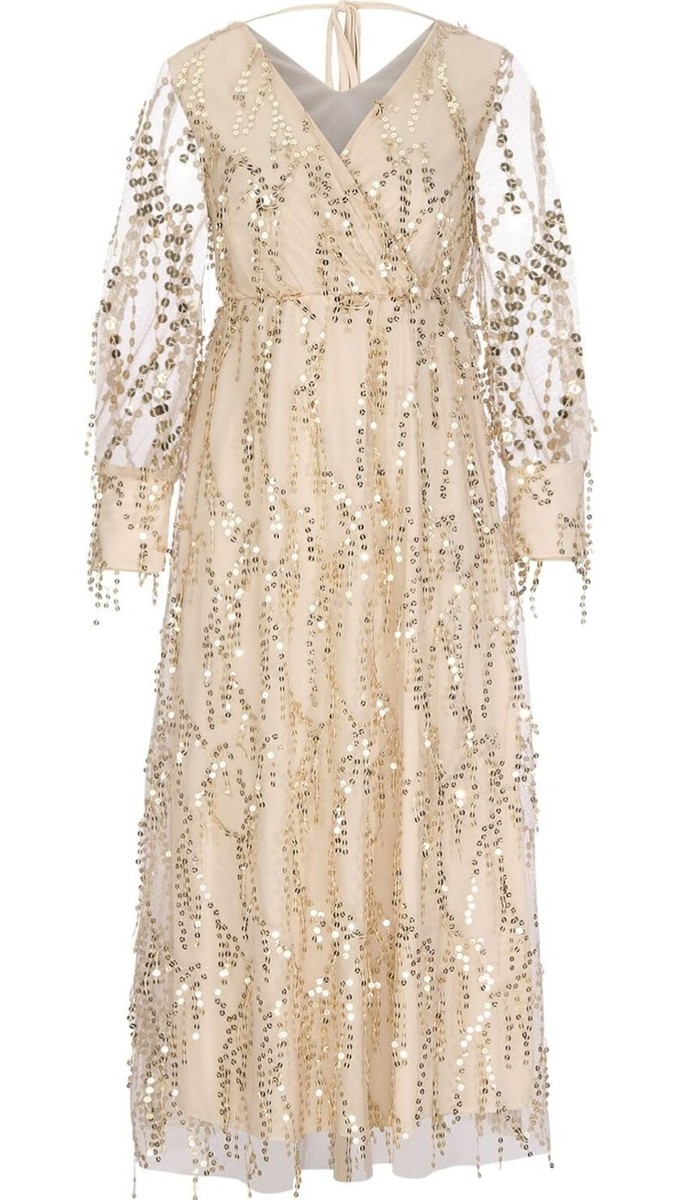 beige wedding guest dress with sleeves Fall Wedding Guest Dress Beige Bell Sleeves Deep V Midi Dress-chiclody, Beige  US2