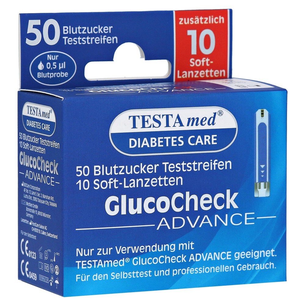 2 x Packungen Testamed Glucocheck Advance 50 Teststreifen mit 10 Lanzetten