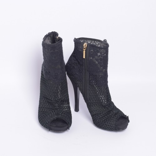 Dolce&Gabbana Women Black Ankle Boots Leather Floral Mesh Peep Toe Booties EU 39 - Picture 2 of 8