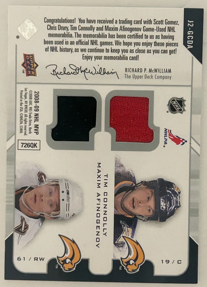 2008-09 Upper Deck MVP 2 On 2 Jerseys J2-GCDA Gomez Drury Connoly Afinogenov - Image 3 of 4