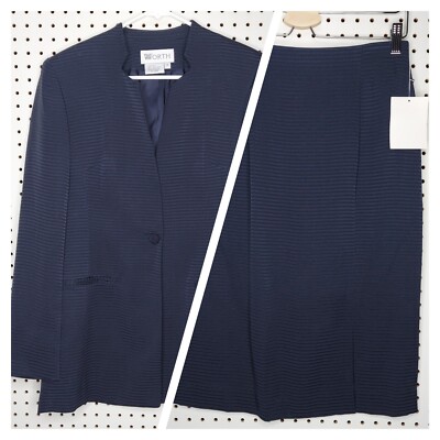 Worth Silk Suit Skirt Blazer 6/8 Blue Collar Pocket Midi Old Money Quiet Luxury