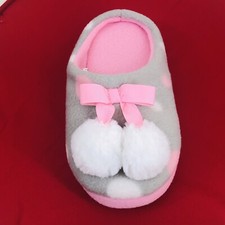 Wonder Nation Girls Skidfree Slippers Plush PomPoms Size 11-12 Polka Dots