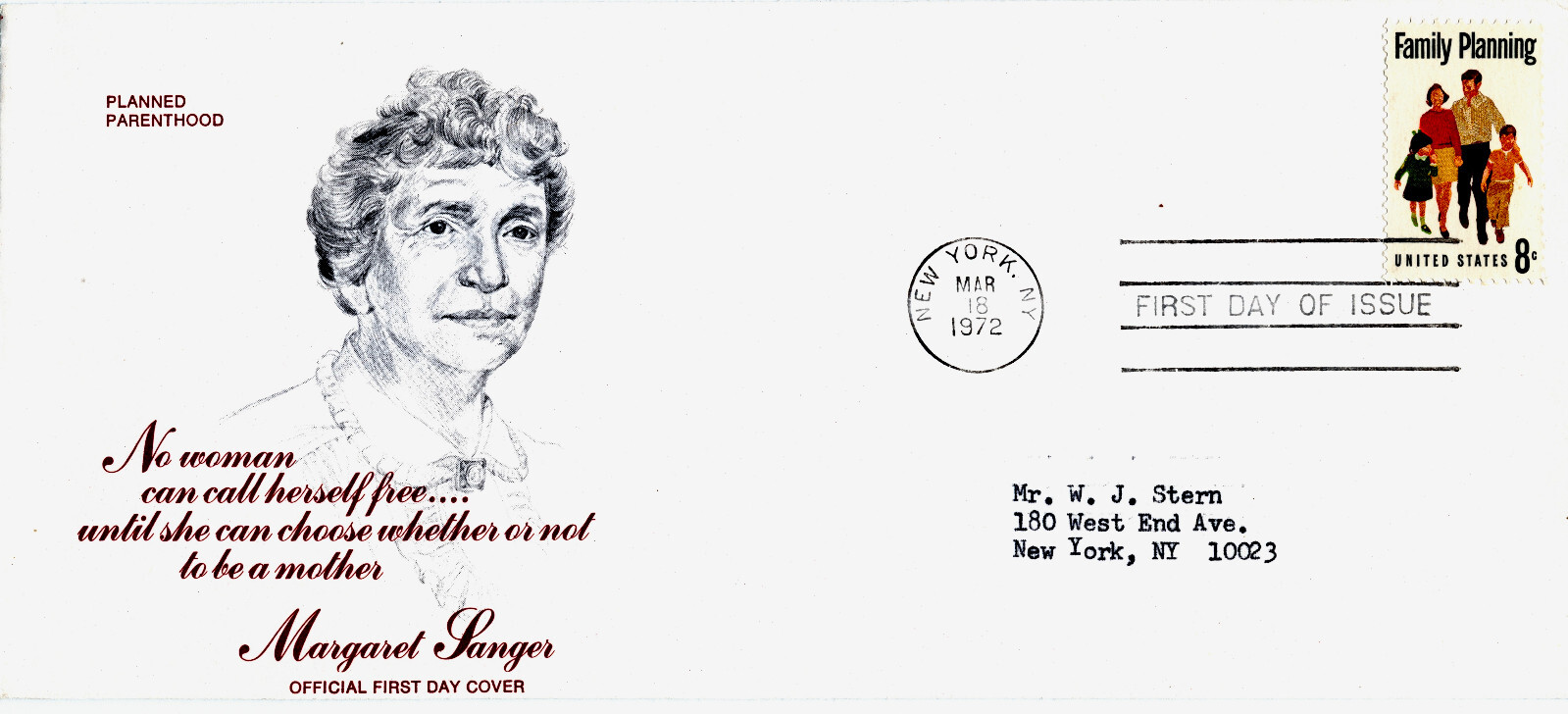 Margaret Sanger - Planned Parenthood - First Day Cover - March 18, 1972 ...