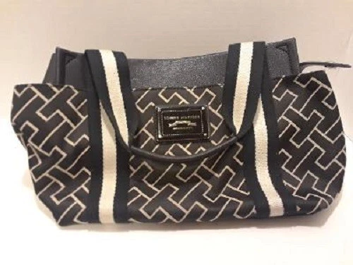 reb Byttehandel lol TOMMY HILFIGER AMERICAN CLASSICS HANDBAG BLACK/BEIGE SIGNATURE SNAP-CLOSURE  | eBay