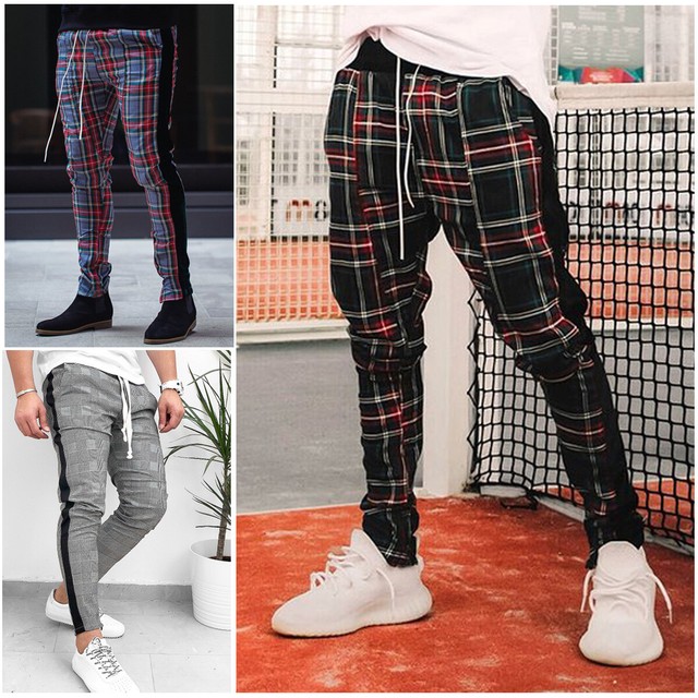 plaid skinny zip track pants