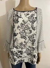 LOFT OUTLET  PETITE MP Floral Print Mix Material Bell Sleeve Blouse Women's NEW!