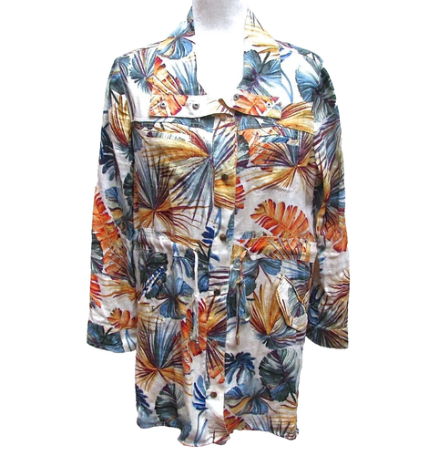 Tropical Floral Linen Jacket Swim Cover Drawstring Waist Womens Chicos Size 1P - Picture 1 of 14