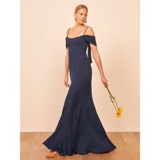 Reformation Larkspur Navy Blue Maxi Dress Size 8 Off Shoulder Formal Gown