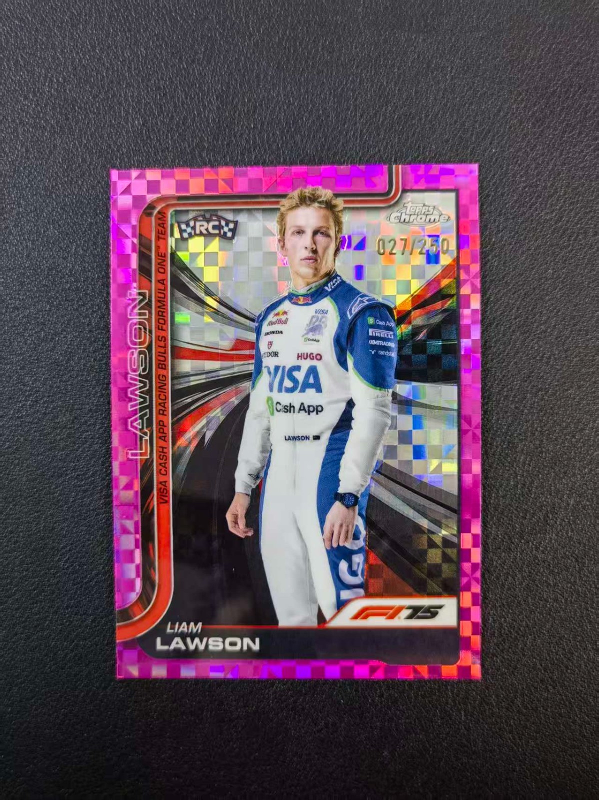 2025 Topps Chrome F1 Liam Lawson RC Portrait Pink Checker Flag 27/250 #11 WTS