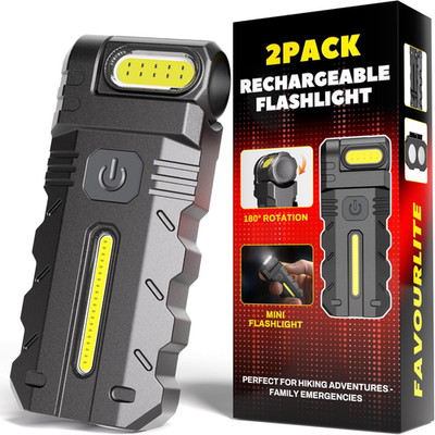 2PACK LED Flashlight Rechargeable, 600 Lumens Portable Flat Mini Flashlights wit