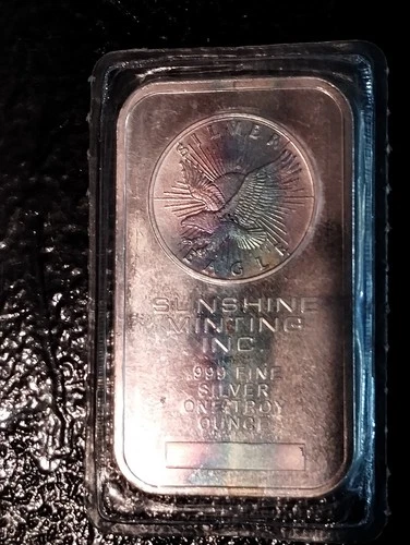 Sunshine Minting 1 Troy Ounce .999 Silver Eagle Silver Art Bar. Toning.