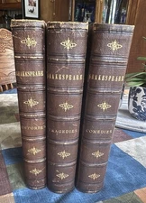 Antique 1800s Complete Works of Shakespeare 3 Ps Set Leather Gilt illustrated