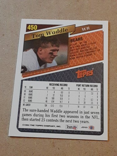 Tom Waddle Chicago Bears 1993 Topps #450 NFL Football Card CHI Wide Receiver WR - Picture 2 of 4